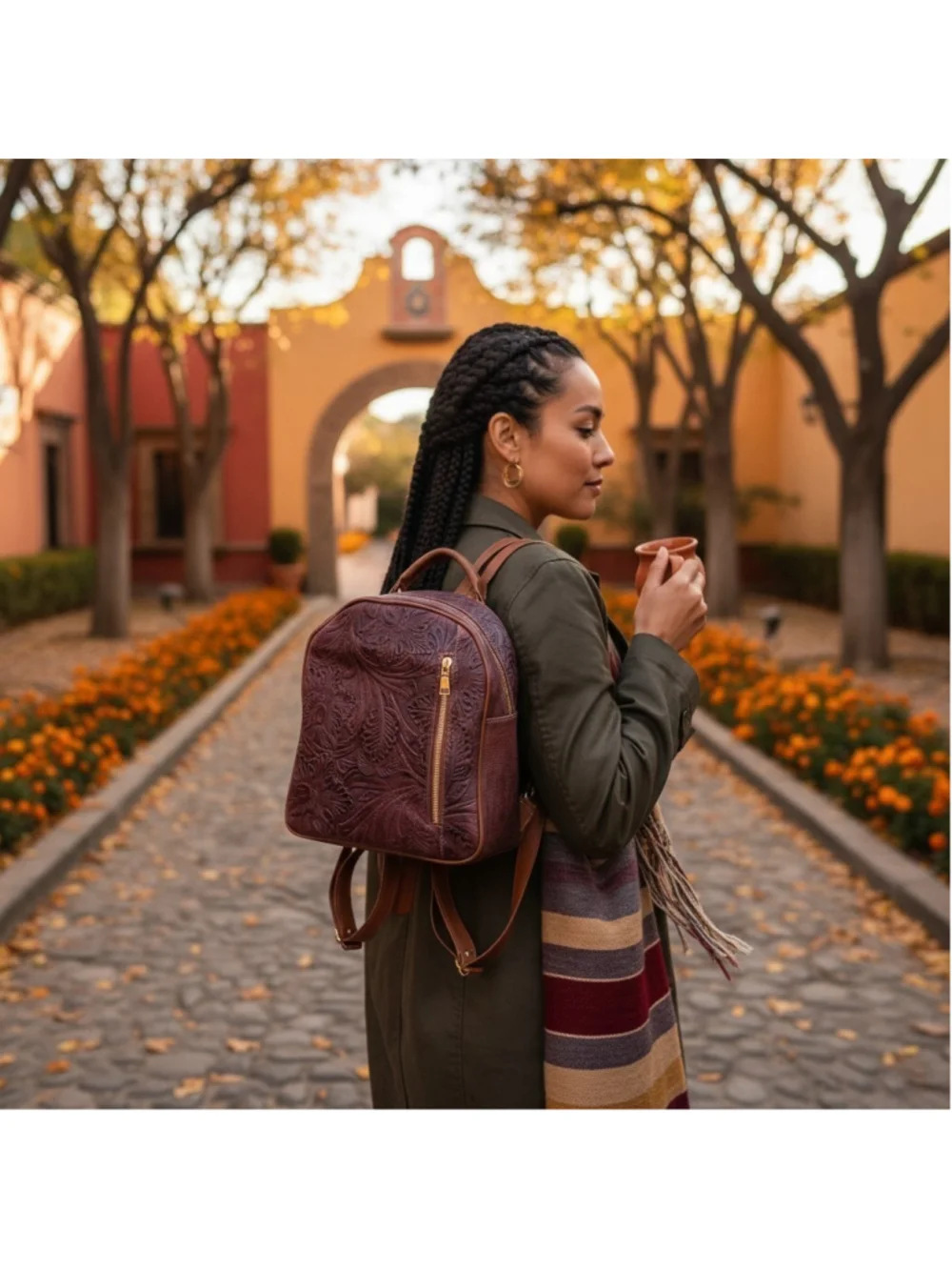 Burgundy Purple Wine Floral Embossed Tooled LEATHER Artisan Mexican Backpack Bag
